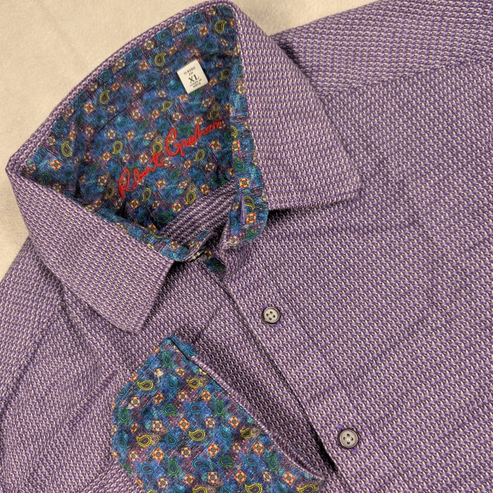 Robert Graham Classic Fit Purple Textured Cotton Button Down Shirt Mens XL